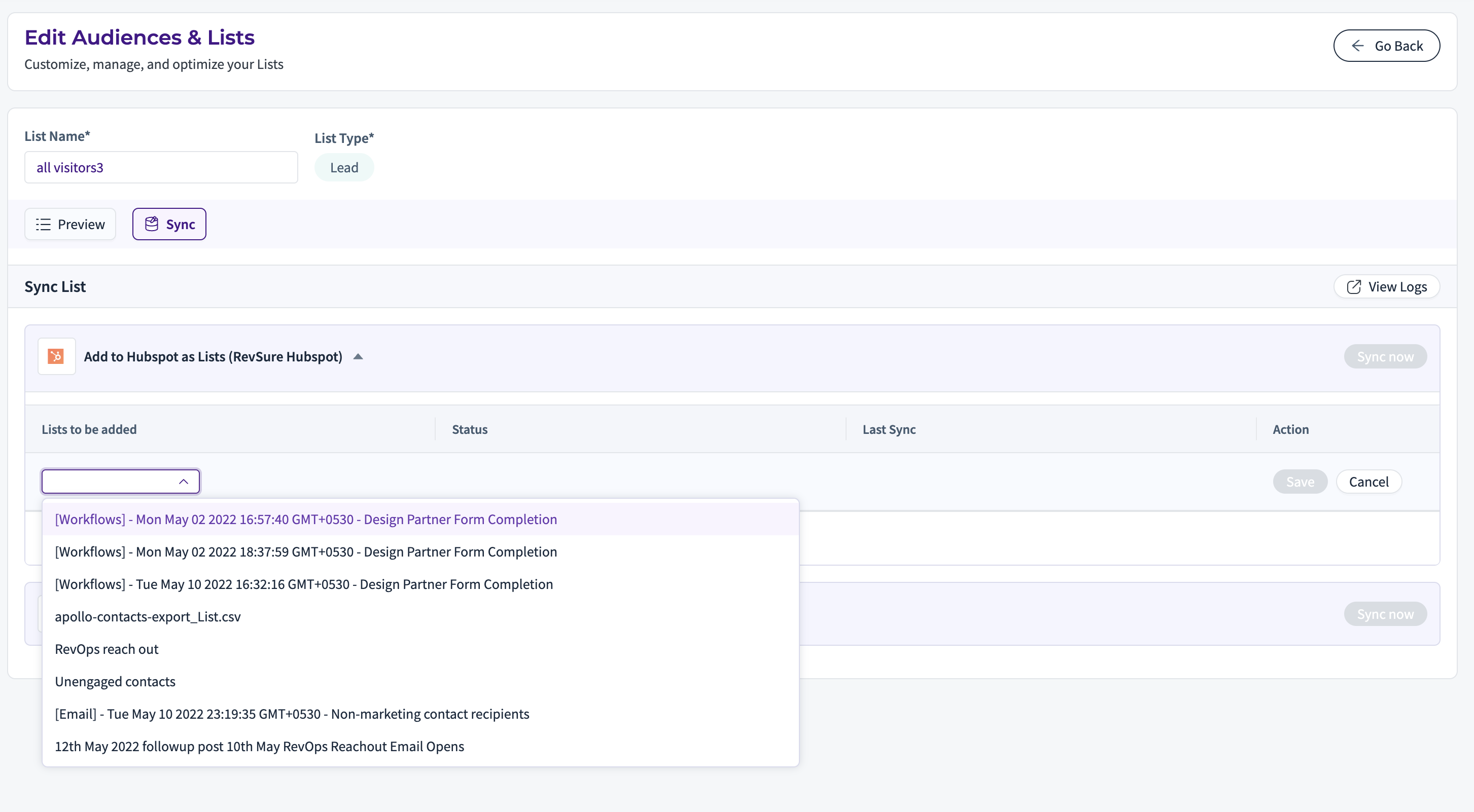 Editing audience lists in HubSpot with options for syncing and managing contacts.